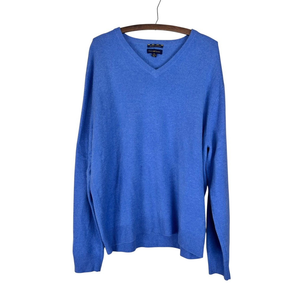Club Room Estate Cashmere Sweater Mens XL Blue 2-Ply V-Neck Knit Pullover